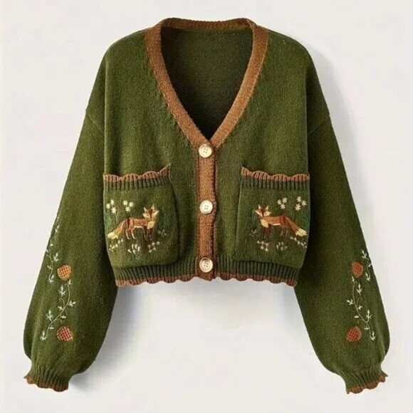 Button Up Fox Nature Army Green Cardigan With Pockets - Picture 1 of 6